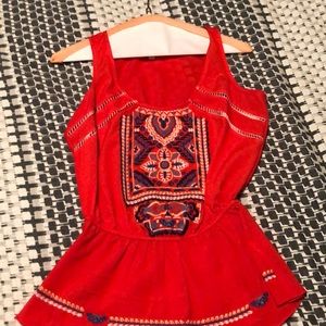 Red patterned blouse tank